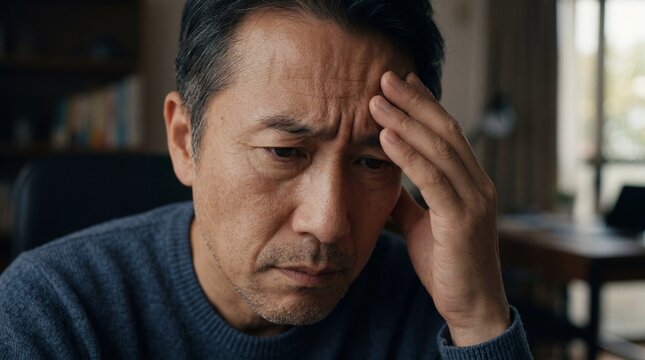 Stressed Asian man touching forehead feeling exhausted in home office