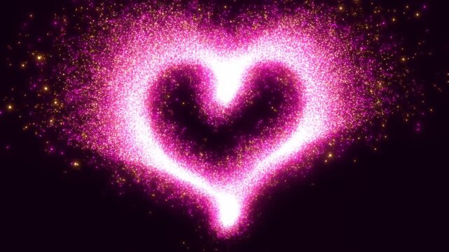 Slow motion static shot of glowing pink and gold particle heart forming and swirling against dark abstract backdrop