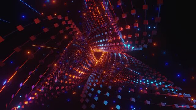 4k seamless VJ loop featuring an infinite movements of a complex abstract net for VJ sets, high-tech club visuals,  electronic music festivals, stage screens, LED video walls, backdrop
