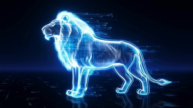 Panning shot of holographic lion standing and scanning on virtual digital grid platform in dark futuristic studio environment