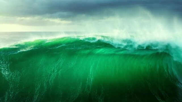 Slow motion tracking shot of large green wave cresting and breaking in open ocean seascape under cloudy horizon