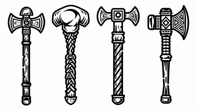 Four black and white illustrations of various axes with intricate handle and blade designs