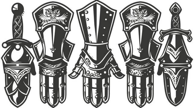 Intricate illustration of medieval armor, gauntlets, and swords, presented in monochrome