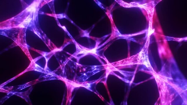 Tracking slow motion shot of glowing neural network strands pulsating and connecting like filaments in dark studio space