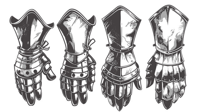 Black and white illustration of four medieval gauntlets of armor, each in different positions