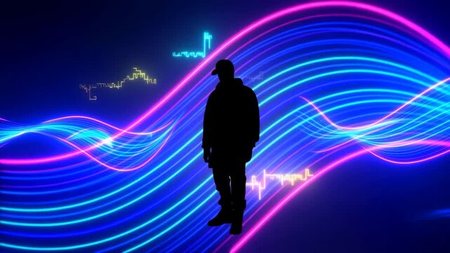 Tracking shot of silhouetted person standing against animated neon waveform lines moving across virtual studio backdrop with glowing blue and pink light