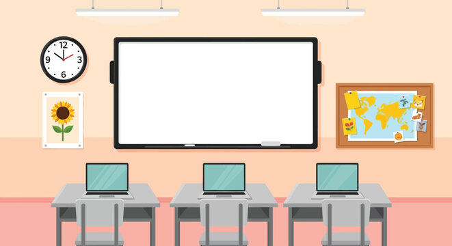 A brightly lit classroom setting with a blank interactive whiteboard computers and educational decorations