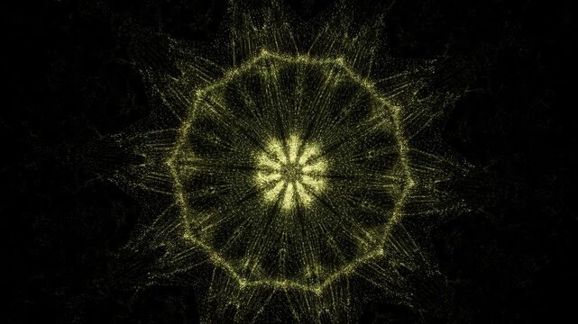 Slow motion static zoom of golden particle mandala forming, expanding and rotating on black background in dark abstract radial animation loop