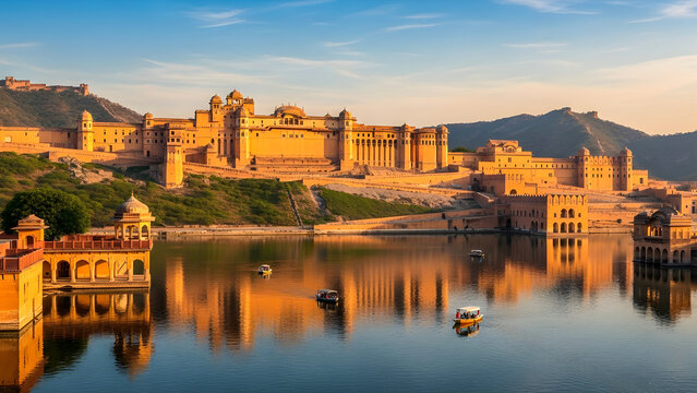 Amber Fort Overlooking Maota Lake at Sunset