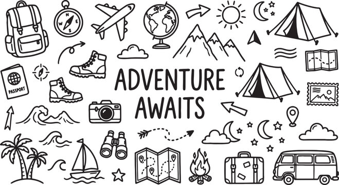 Collection of doodlestyle travel and adventure icons including a backpack compass airplane and globe