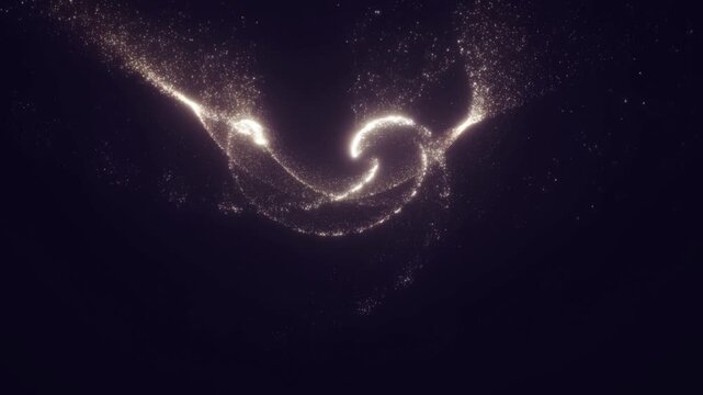 Slow motion abstract particle swirl rotating and merging in dark cosmic void with glowing golden dust on black background
