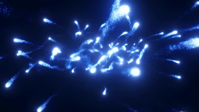 Slow motion tracking shot of glowing particle bursts radiating and trailing outward in dark cosmic space background abstract energy cluster