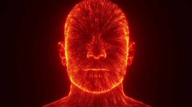 Slow motion tracking zoom of particles forming glowing human head portrait with radiant lines and pulsating energy in dark studio background