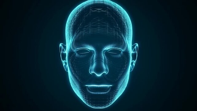 Slow rotating shot of wireframe human head pulsing and shifting in dark virtual digital space background