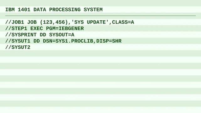 Vintage 1950s IBM 1401 mainframe teletype printing JCL batch processing code on green bar paper