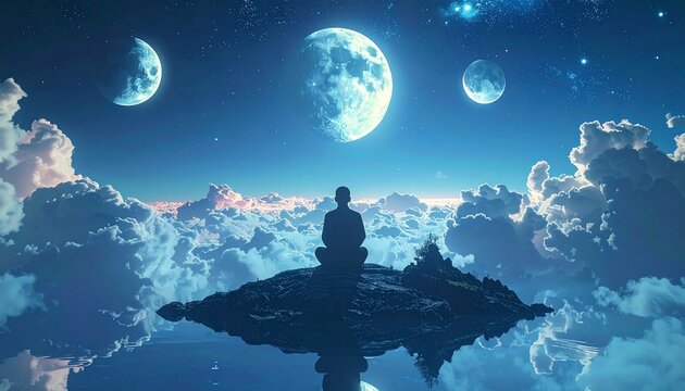 Serene Meditation Under Three Moons - A Journey to Inner Peace.