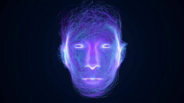 Static shot of glowing wireframe human face slowly morphing with flowing luminescent lines on dark virtual background, futuristic digital portrait visualization