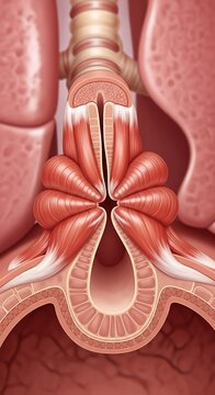 Medical illustration of bronchoconstriction in an asthmatic airway showing narrowed lumen and muscle contraction.