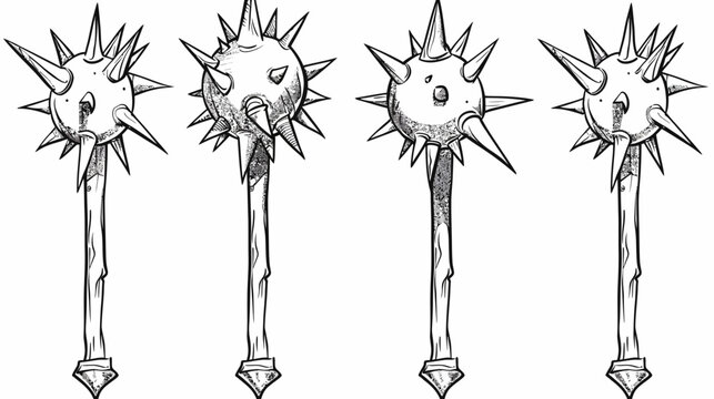 Four stylized illustrations of medieval maces in a black and white, line-art style