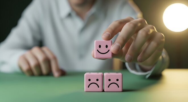 Person placing a happy face wooden block on two sad face blocks, symbolizing changing emotions, close-up, soft lighting, indoor setting