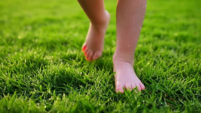 Tracking shot of child walking barefoot on dewy green grass closeup low angle on lawn backyard in morning sunlight playful summer steps and movement