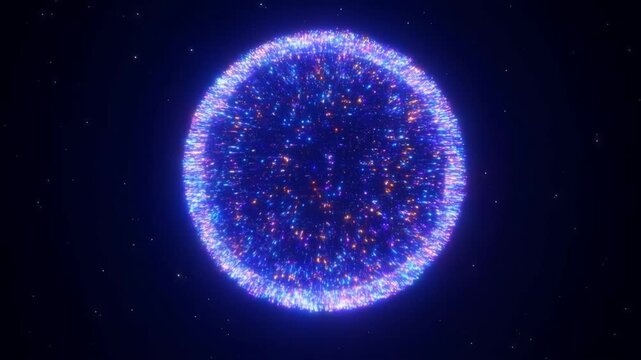 Static shot of glowing particle sphere slowly rotating and pulsating with colorful halo in outer space against starry cosmic background