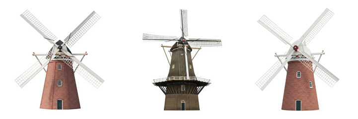 Classic Dutch Wooden Windmill with Large Sails, Historical Rural Architecture Illustration for Travel and Heritage Tourism, Traditional Flour Mill Design Element. © Suarezo