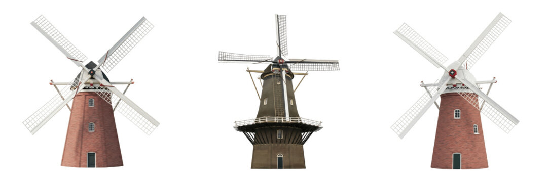 Classic Dutch Wooden Windmill with Large Sails, Historical Rural Architecture Illustration for Travel and Heritage Tourism, Traditional Flour Mill Design Element.
