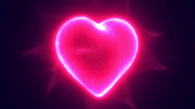 Slow motion glowing particle heart pulsating and shimmering on dark studio backdrop with rotating subtle motion and neon pink luminous outline