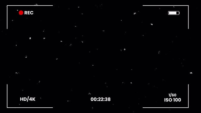 Retro VHS Camcorder Viewfinder Recording Overlay with Vintage 90s Screen Glitch, Dust, and Static. Alpha Channel Compatible Camera Interface HUD with Timer, ISO and REC Icon 4k video