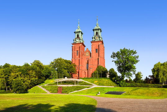 Red brick Royal Cathedral of Gniezno Gothic archcathedral on Lech Hill during summer in Poland