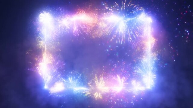 Slow motion pan of fireworks forming glowing rectangular border in smoky night sky during festival celebration, colorful pyrotechnic display