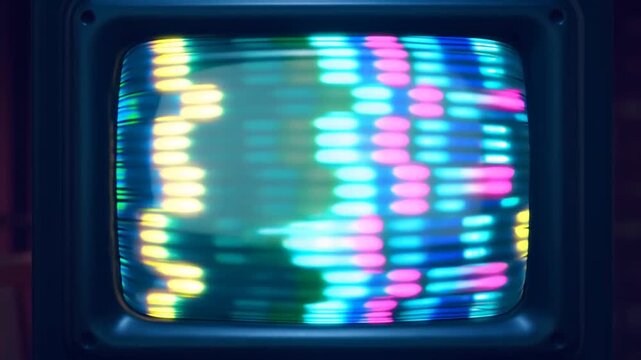 Static shot of crt monitors displaying moving colorful scanline and glitch interference patterns in dark vintage studio room