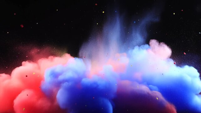 Slow motion static tracking shot of colored powder explosion billowing and scattering upward in dark studio against black background