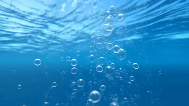 Tracking shot of rising air bubbles ascending toward surface in clear blue ocean underwater near shallow sea