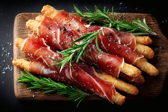 Crispy breadsticks with cured prosciutto and rosemary.