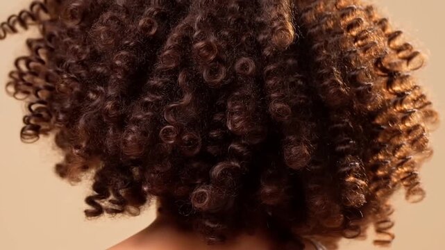Static close up shot of curly hair swaying and turning on back of model head in beige studio setting with soft warm lighting