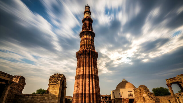 Qutub Minar Framed by Ruins Under Moving Cloud Sky