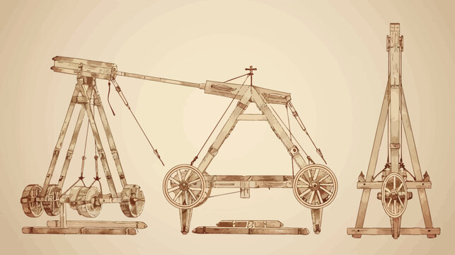 Three views of a medieval siege engine. Detailed blueprint-style illustration.  Sepia tone on cream