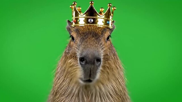 A capybara wearing a golden crown looking directly at the camera against a vibrant green screen background.