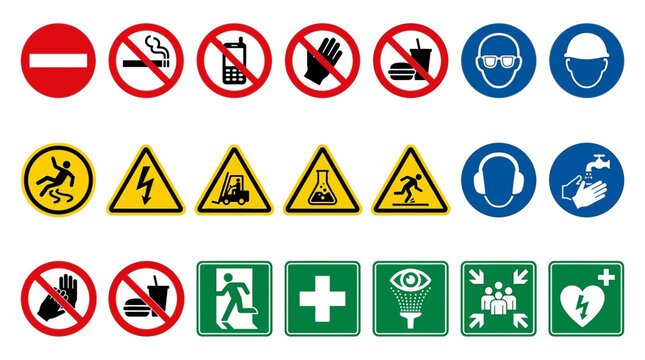 Vector Icons Collection of Essential Safety and Warning Signs for Industrial and Workplace Environments. Vector Illustrations. EPS Editable