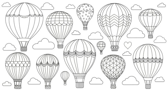 Hot air balloon icons, line art balloons, cloud illustrations, vector graphics
