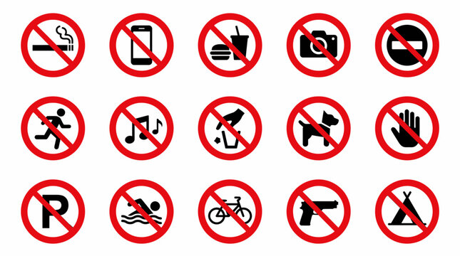 Vector Icons Collection of Prohibition Signs and Warning Icons Set. Vector Illustrations. EPS Editable