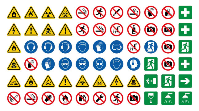 Vector Icons Comprehensive collection of industrial safety signs and hazard warning symbols. Vector Illustrations. EPS Editable