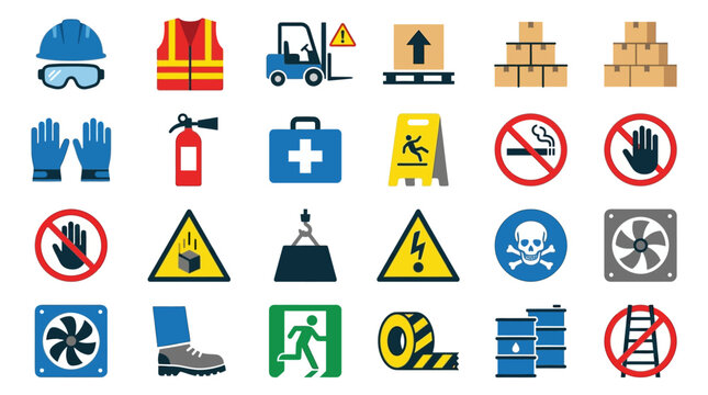 Vector Icons Industrial Safety and Workplace Hazard Warning Icons Set. Vector Illustrations. EPS Editable