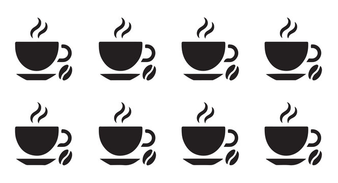 Eight black coffee cups with steam and coffee beans vector icons, two rows.