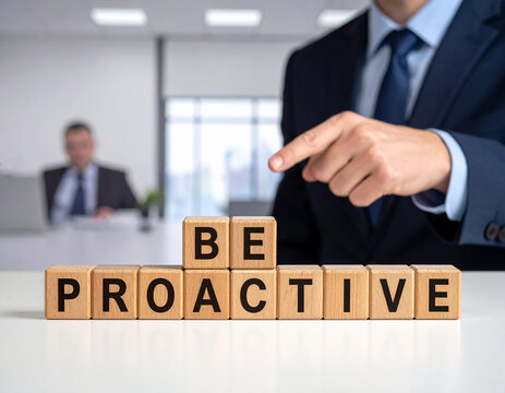 Be proactive - Geschäftsmann zeigt auf das Wort "Be proactive"