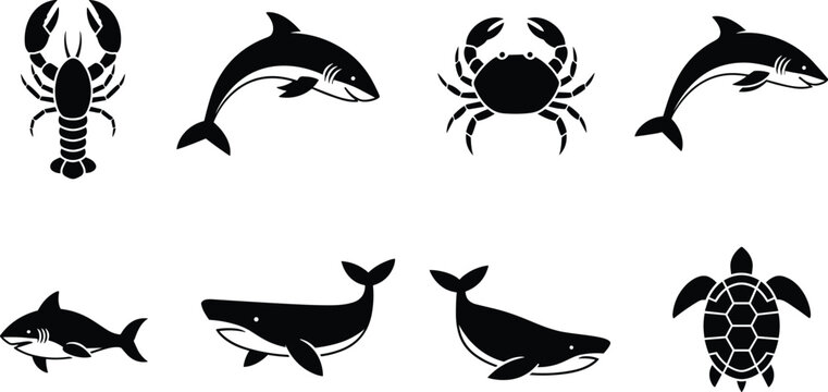 Black silhouettes of sea creatures, including lobsters, dolphins, crabs, sharks, whales, and turtles