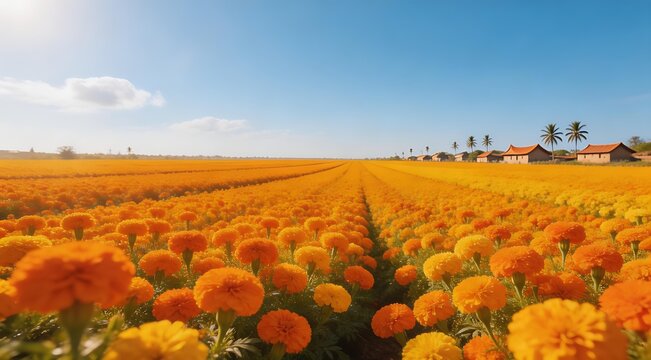 sardonyx. A vast field of marigold flowers in full bloom under a bright sky in Gujarat, India. gardening catalogs, home-decor guides, designed for home decor and floral branding.