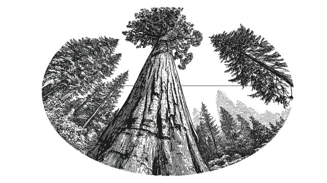 Hand-drawn illustration of a giant sequoia tree, surrounded by other conifers